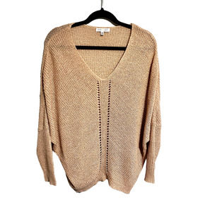 Dusty Pink Open Knit Sweater V-neck Drop Shoulder Dolman Sleeve Top
